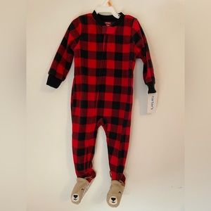 NWT Carter's 12M FLEECE Footed PJs Pajama Christmas plaid Reindeer!